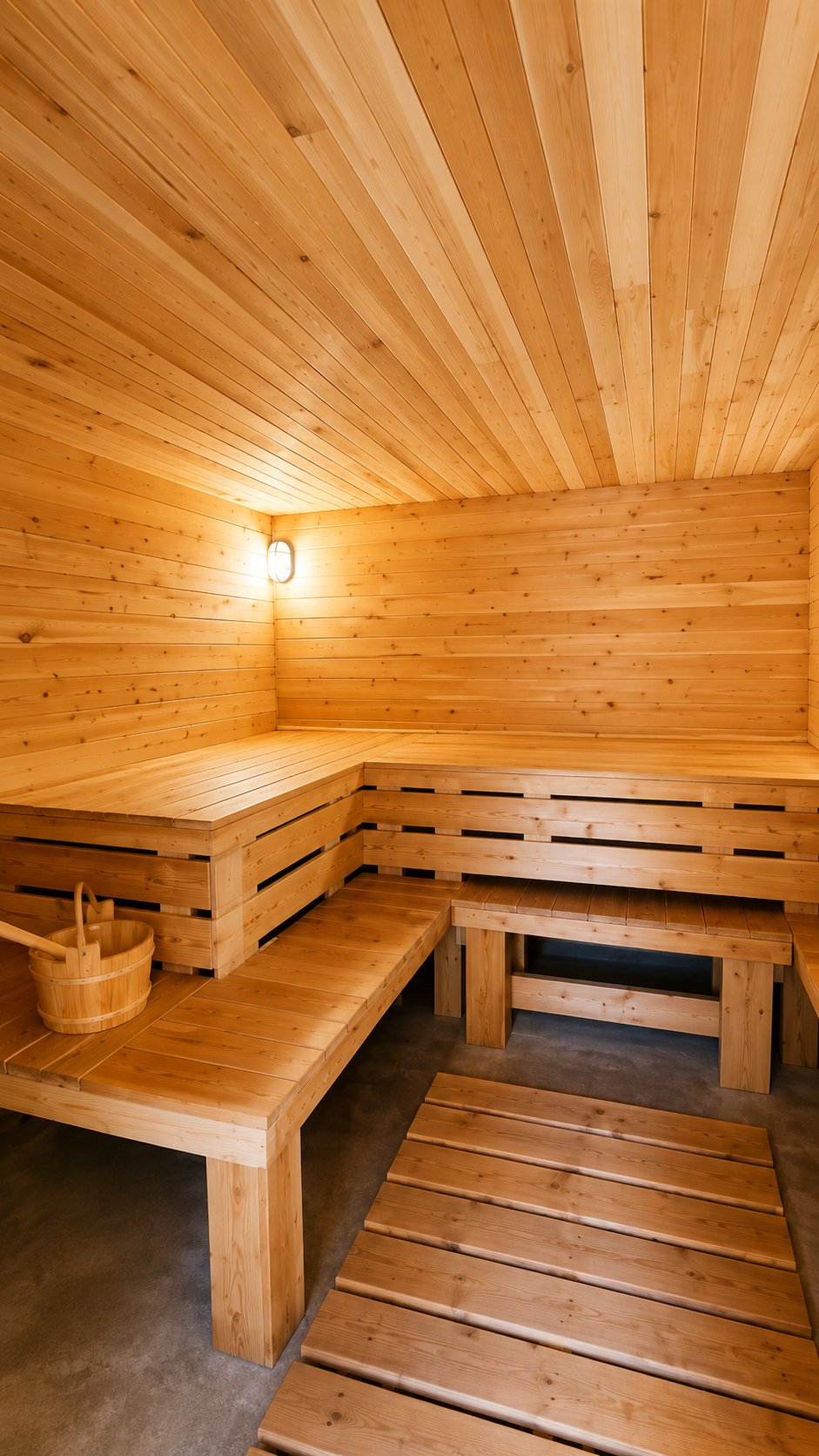 Corner view of the spacious wooden benches and a sauna bucket with ladle