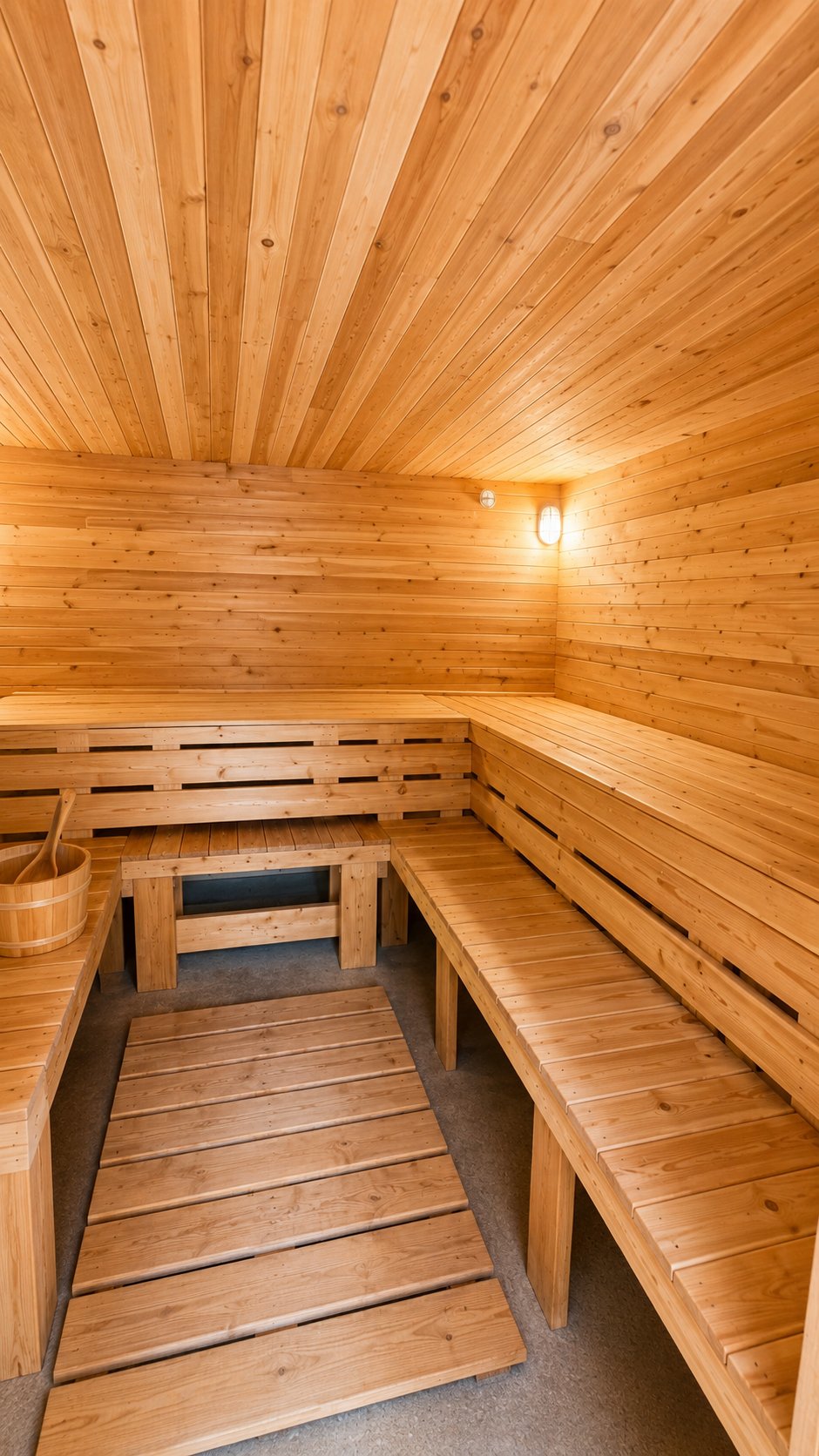 Steam room with wide cedar benches at Cozy Place