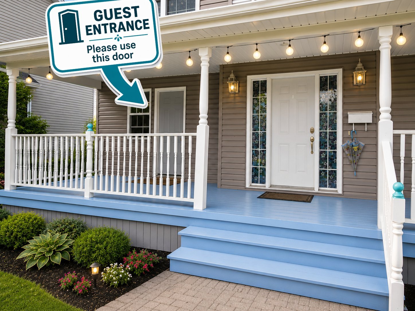 Porch with a Guest Entrance sign asking guests to use the side door